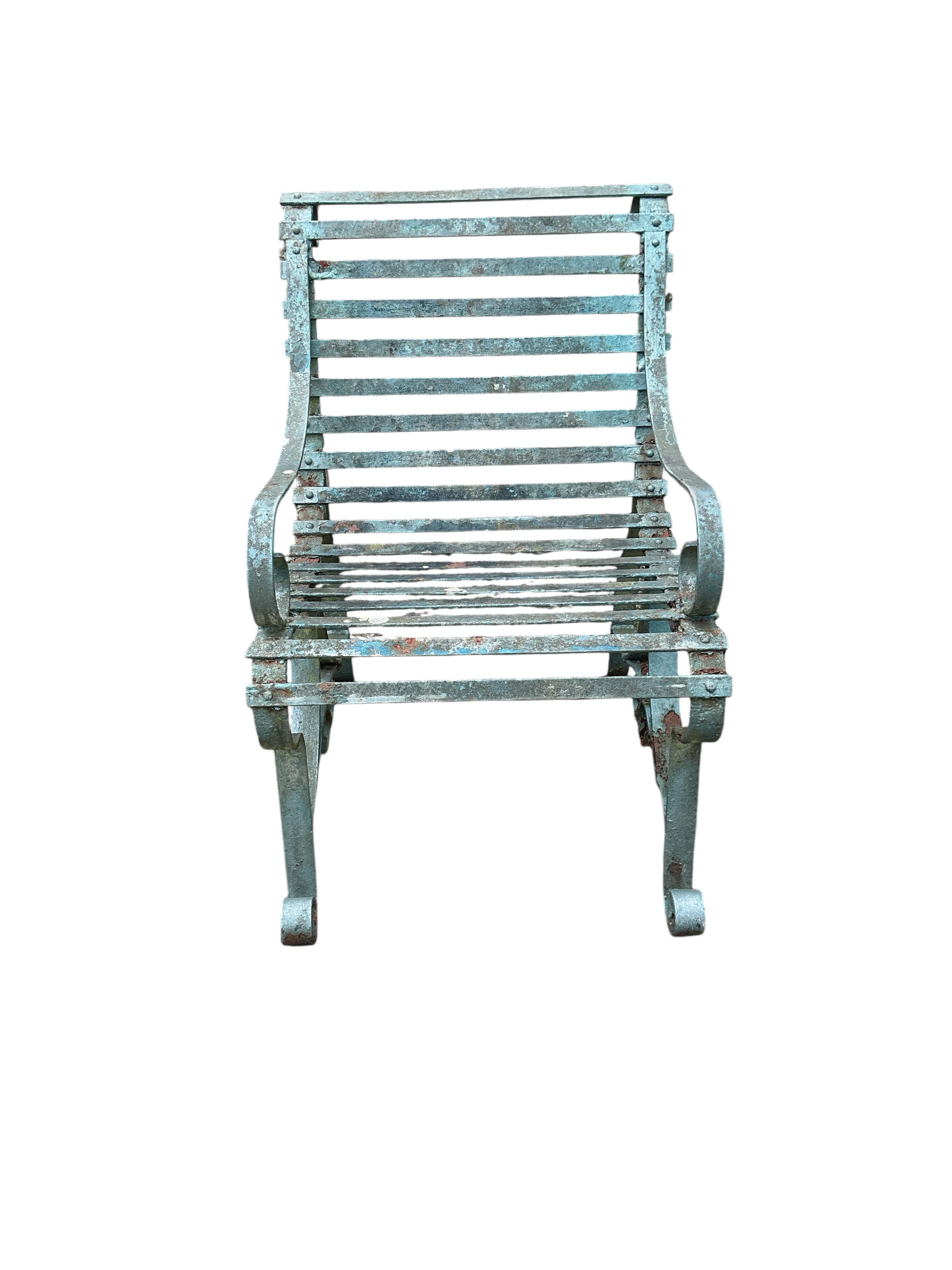 A pair of Victorian painted, wrought iron garden chairs, width 56cm, depth 74cm, height 84cm